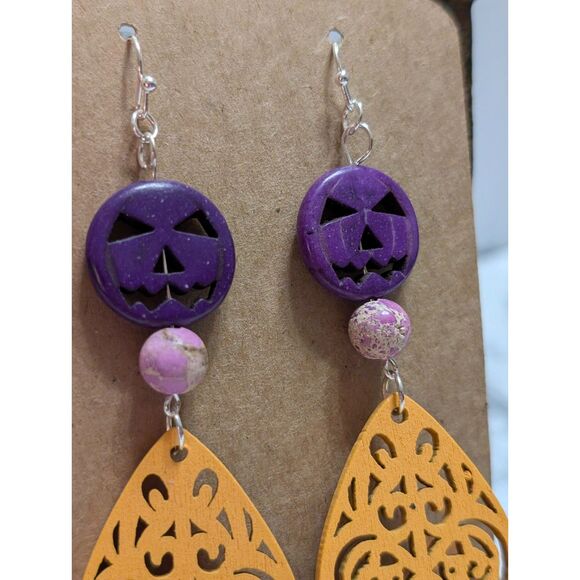 Purple Jack-O'-Lantern and Yellow Wood Filigree Earrings: - Picture 5 of 5